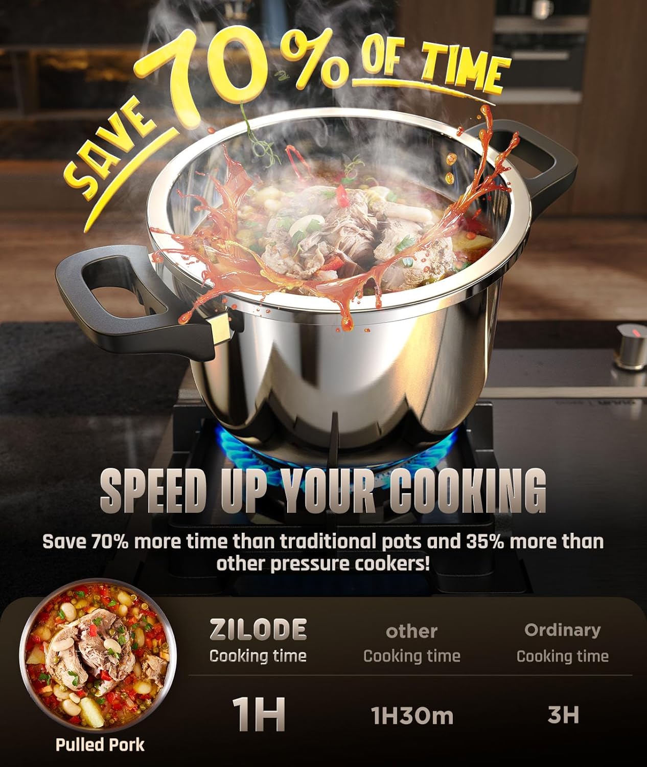 18 8 Stainless Steel Pressure Cooker 7 QT Save 70 Cooking Time Olla De Presion with Food Grade Body One Hand Operation Rotating Lock Unlocking Lid System Steam Rack Included ZILODE Official